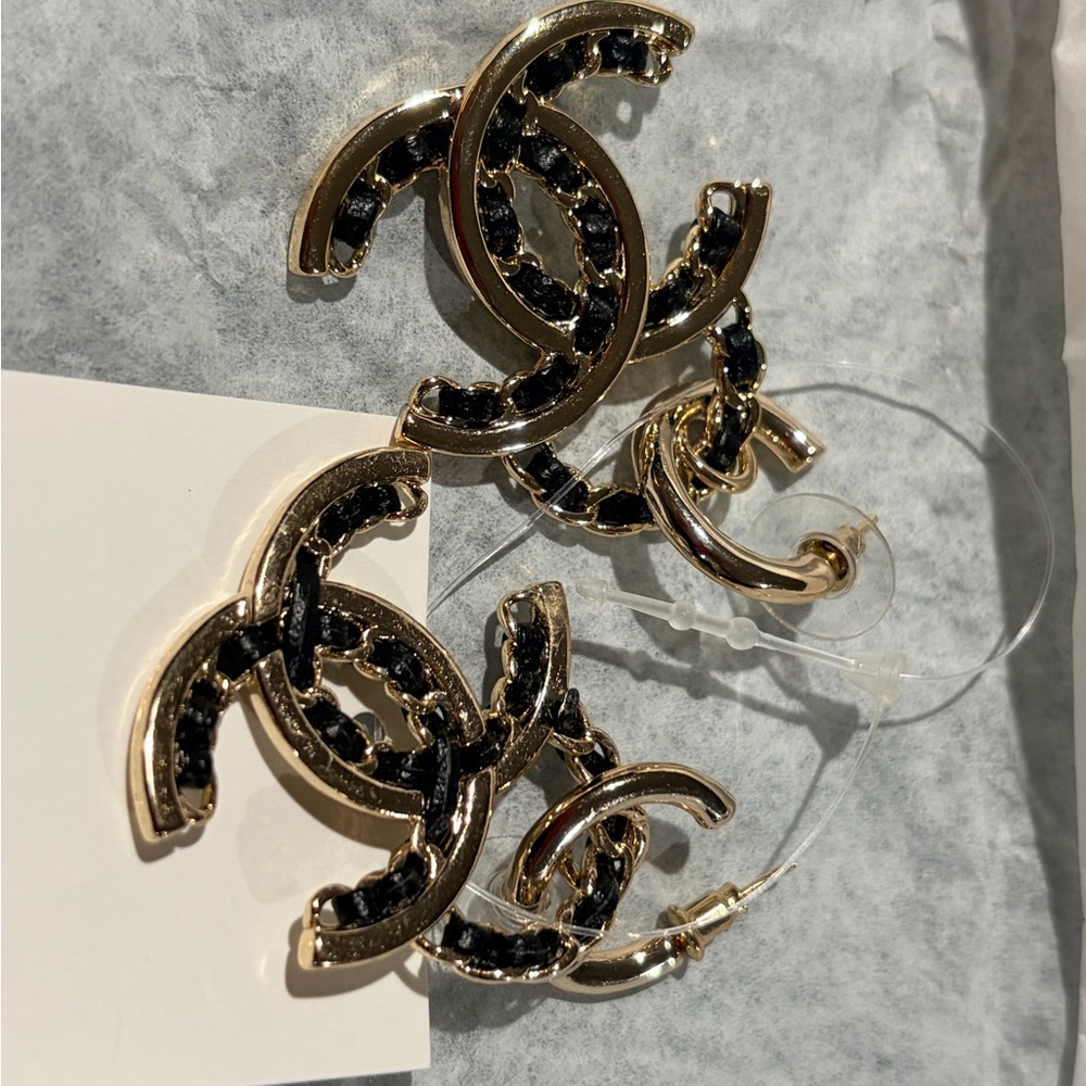 Chanel Gold and Black Logo Earrings